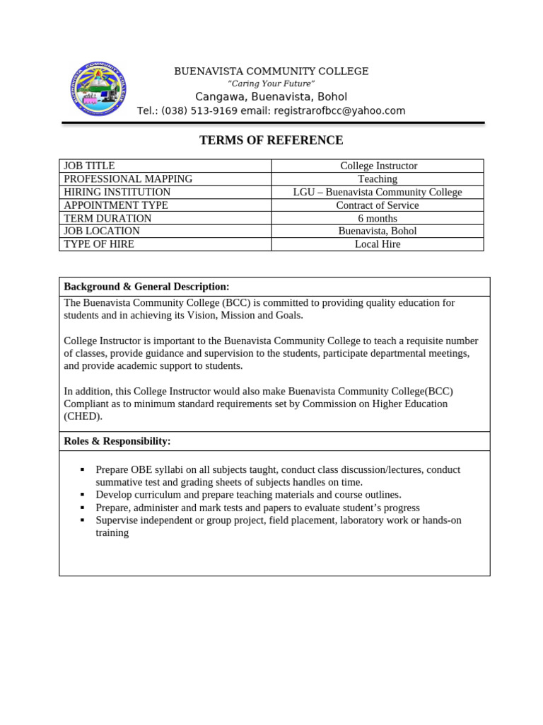 Buenavista Community College Instructor Role | PDF