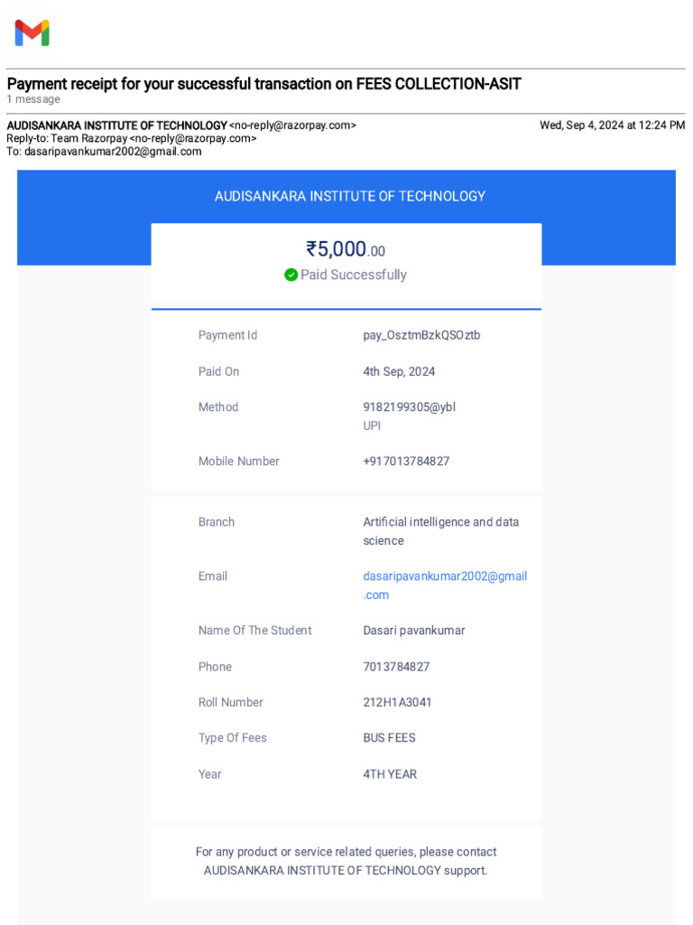 Gmail payment receipt for your successful transaction on fees