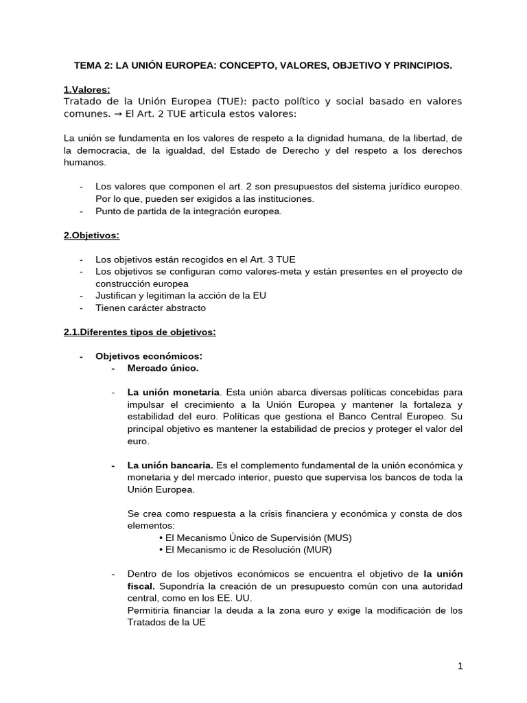 Tema 2 - La Union Europea - Concepto, V Alores, Objetivos, y Principios ...