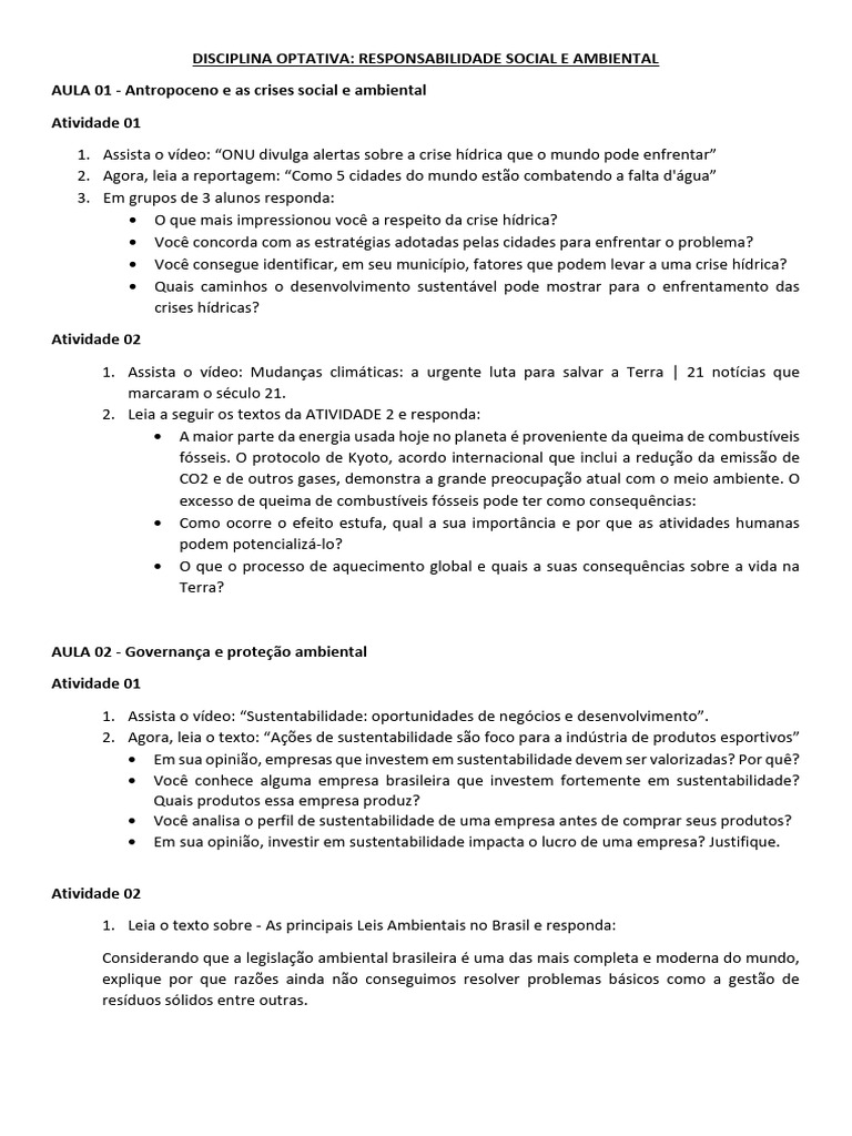 Disciplina Optativa Meio Ambiente | PDF | Ambiente natural ...