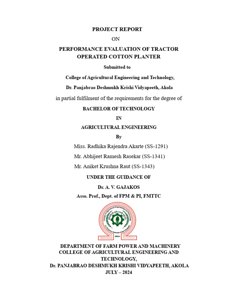 Project On Performance Evaluation of Tractor Operated Cotton Planter ...