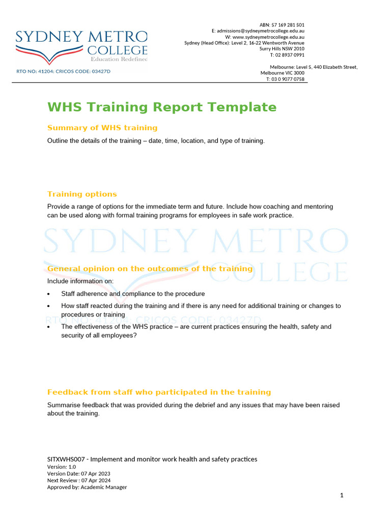 WHS Training Report for Hunter Valley | PDF | Business