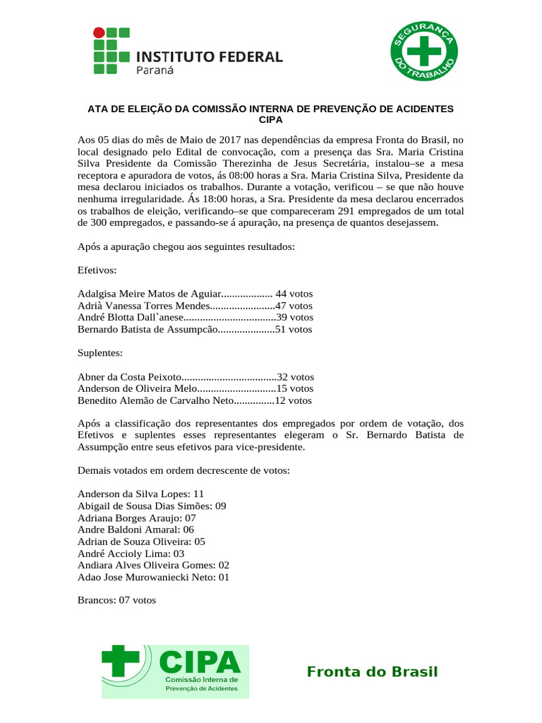 Ata de Eleição Da Comissão Interna de Prevenção de Acidentes Cipa | PDF ...