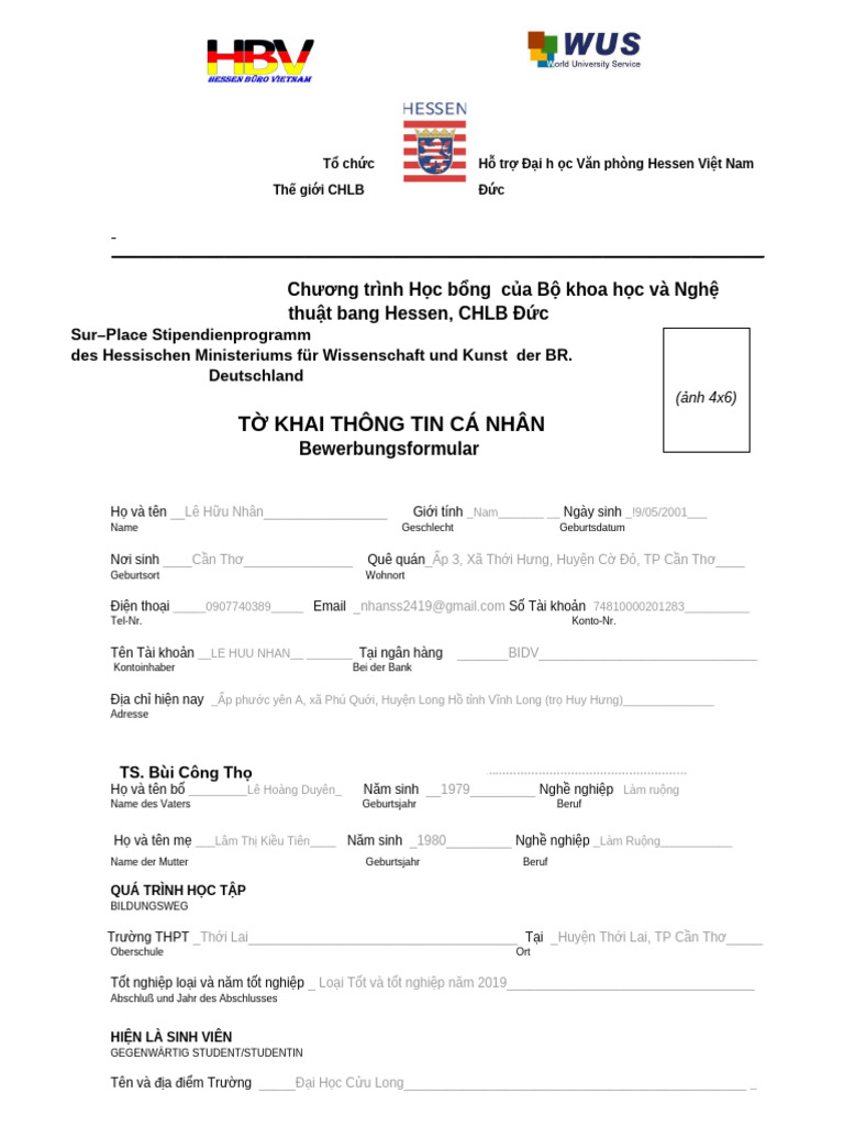 To Khai Thong Tin CA Nhan Xin Cap HB Hessen.22-23 | PDF