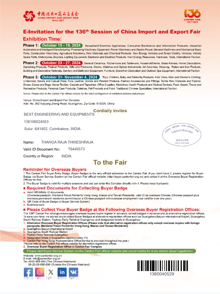 My Invitation Letters 136th Canton Fair Thinesh Raja Pdf