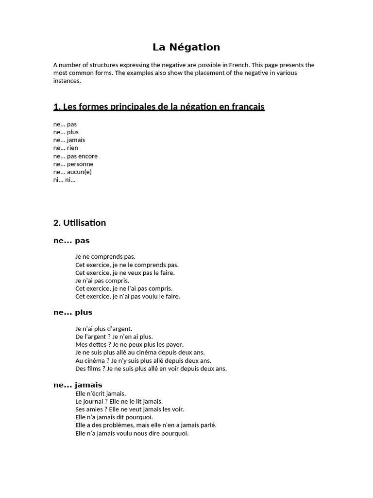 La Négation en Français : Guide Complet | PDF