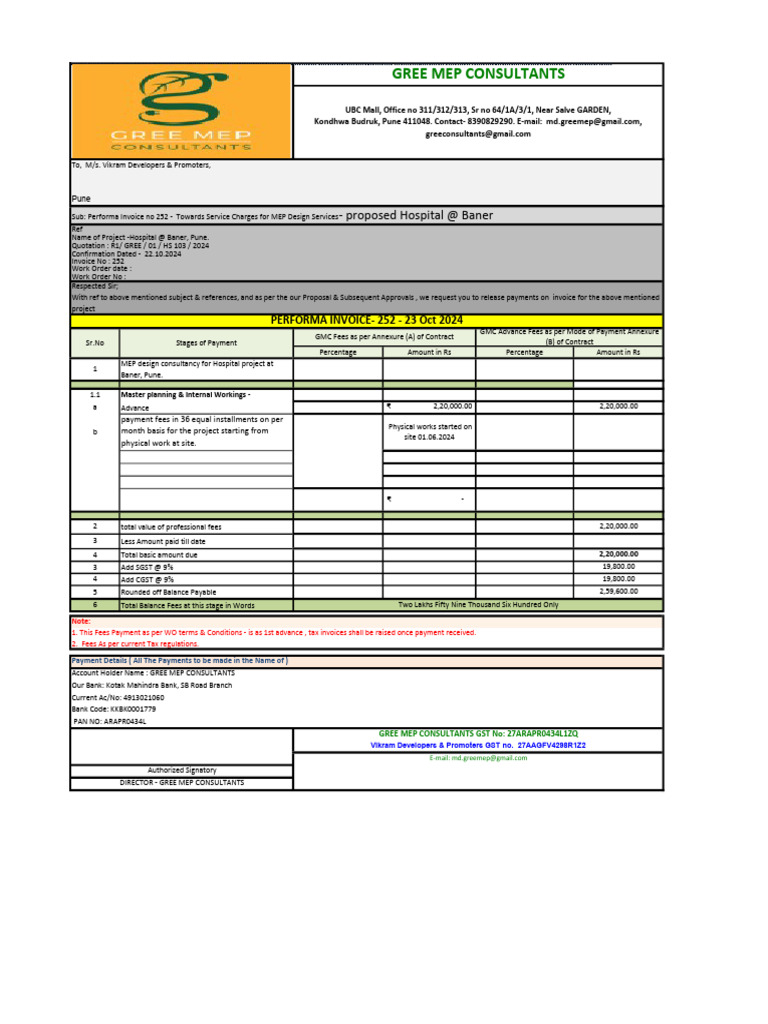 Performa Invoice 252 Hospital 23.10.2024 | PDF | Invoice | Value Added Tax