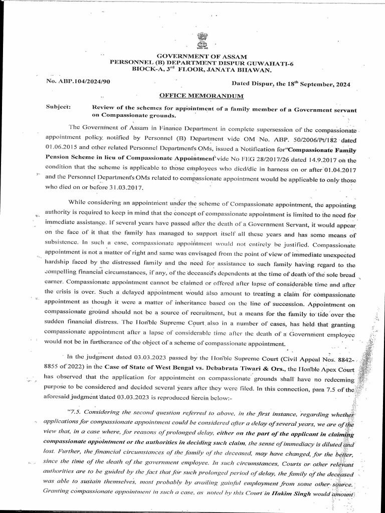 O.M. On Compassionate Appointment Dated 18.09.2024 | PDF