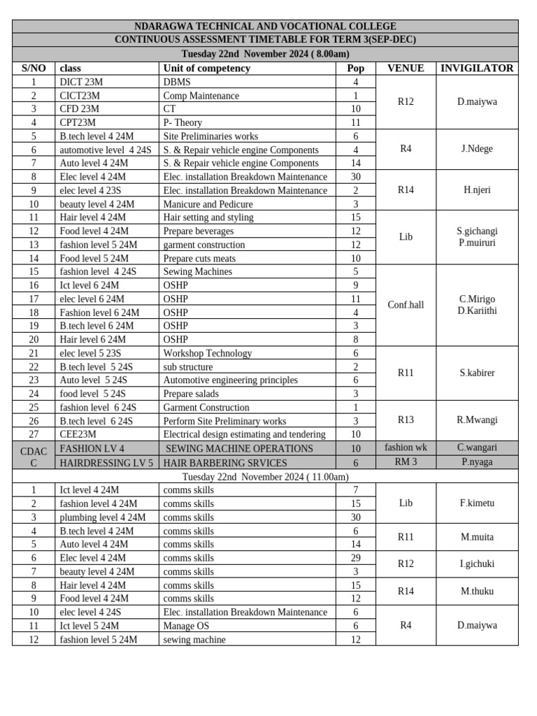 CAT TIMETABLE PDF Engineering