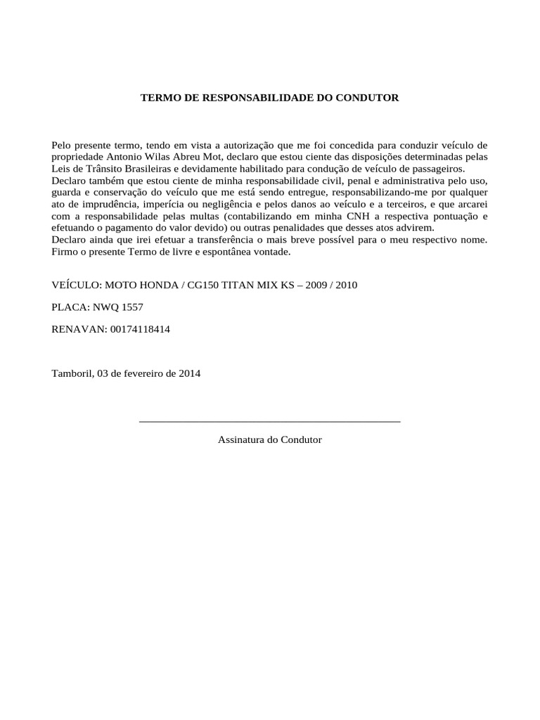 Termo de Responsabilidade do Condutor | PDF