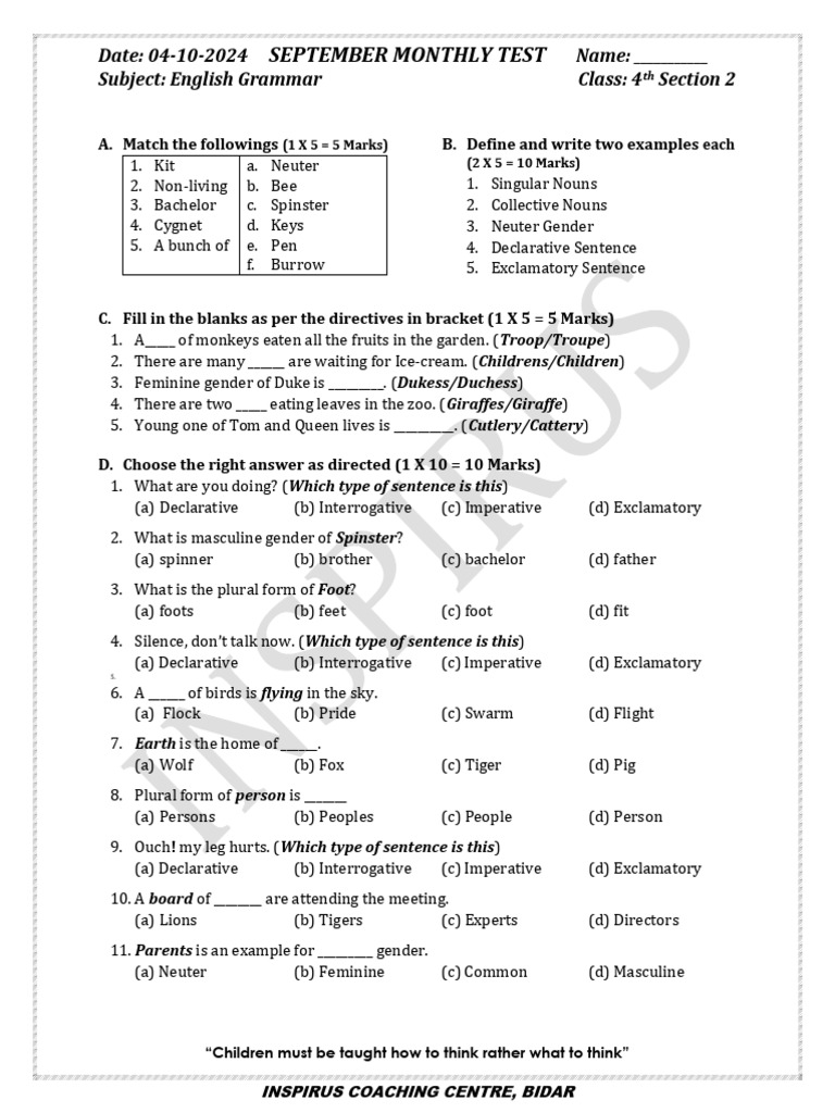 September English 4th 2 | PDF | Grammatical Gender | Sentence (Linguistics)