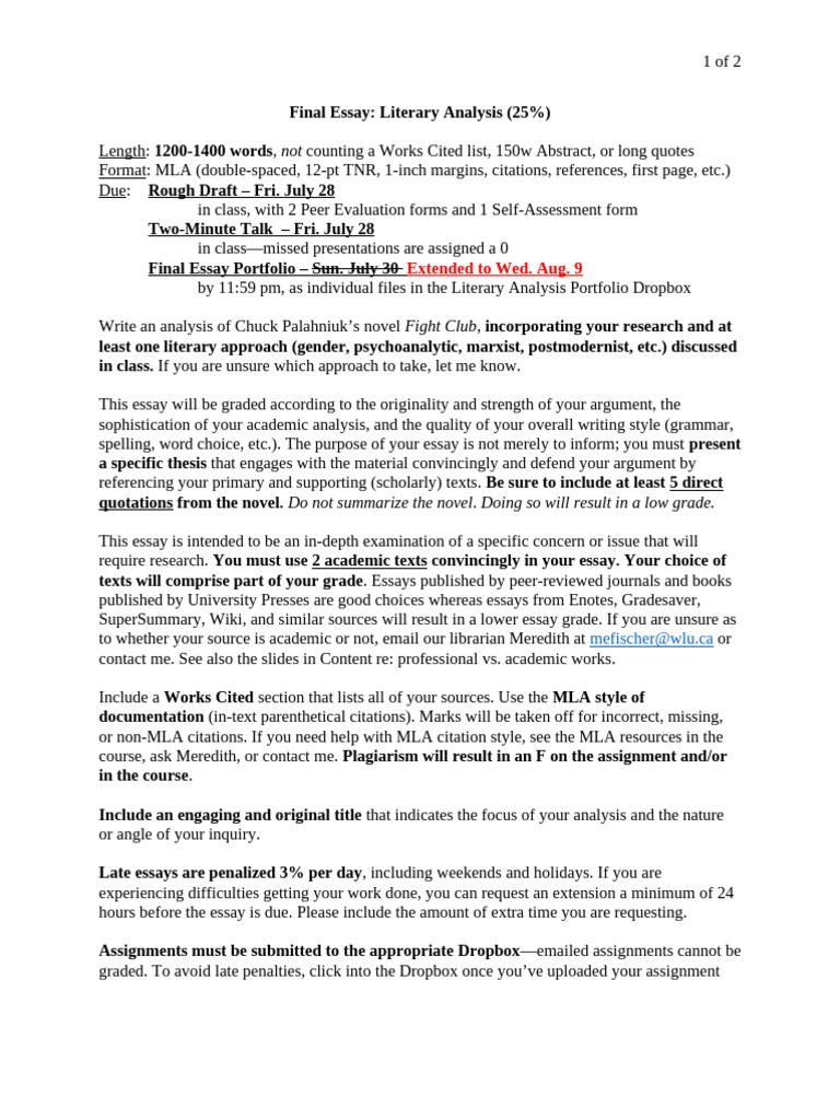 Fight Club Literary Analysis Guidelines | PDF | Citation | Essays