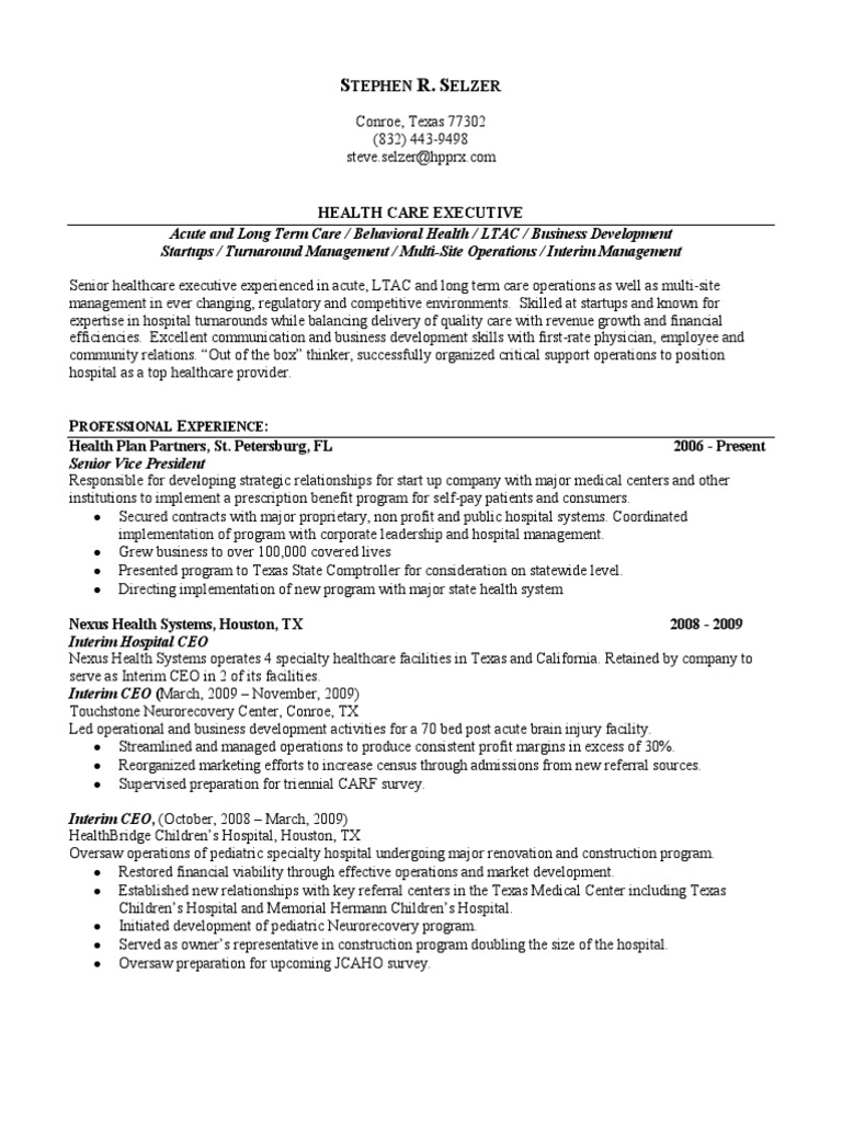 Healthcare Executive Resume: Stephen Selzer | PDF | Joint Commission ...