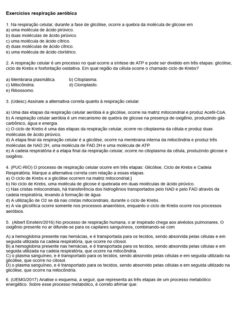 Exercícios sobre Respiração Celular Aeróbica | PDF | Respiração celular ...