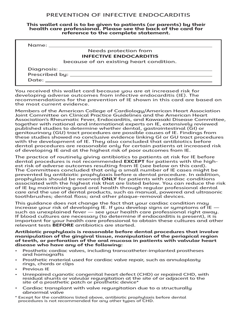 Infective Endocarditis Wallet Card | PDF | Medicine | Diseases And ...