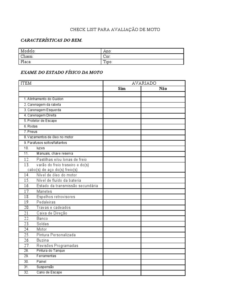 Check List Para Avaliação de Moto