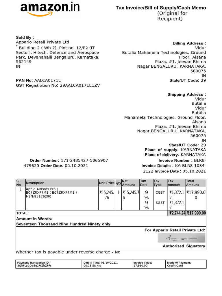 Apple AirPods Pro Invoice Details | PDF | Invoice | Economies