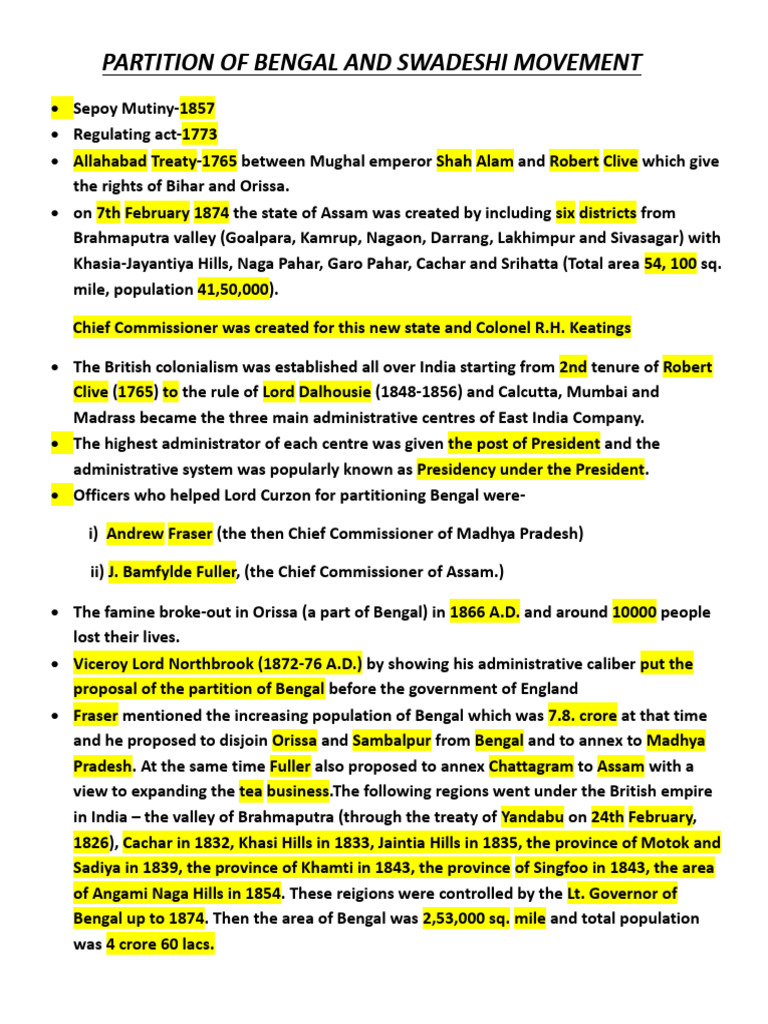 Bengal Partition and Swadeshi Movement | PDF | Bengal | British Raj