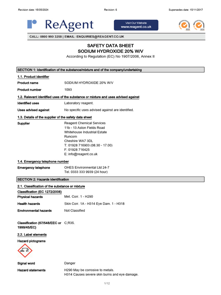 Sodium Hydroxide 20% Safety Data Sheet | PDF | Toxicity | Personal ...