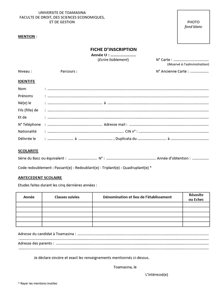 Fiche d'inscription Université Toamasina | PDF
