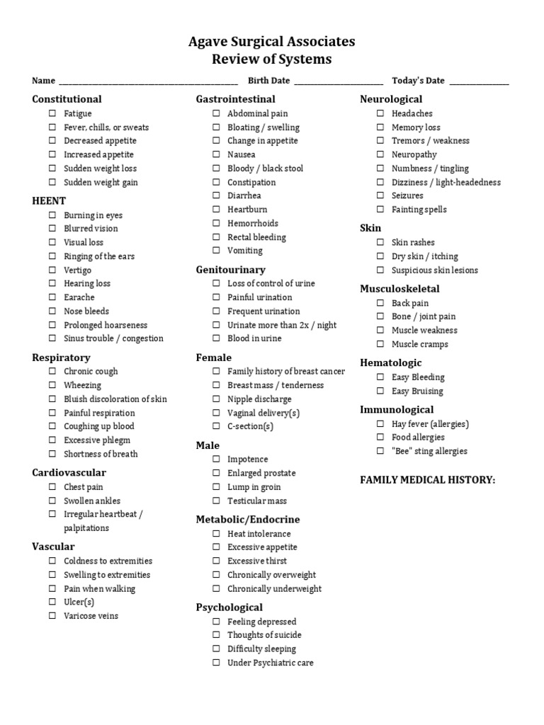 Agave Surgical Associates Review of System | PDF | Edema | Allergy