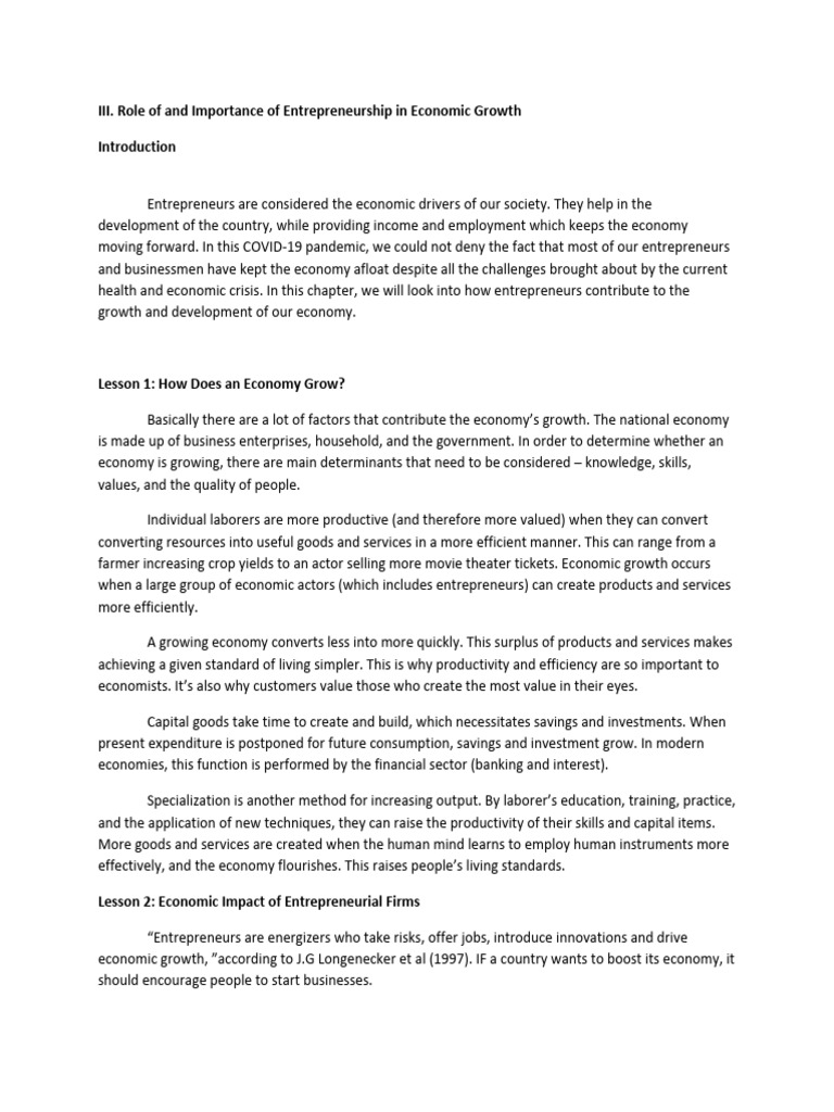 Importance of Entrepreneurship in Economic Growth | PDF ...