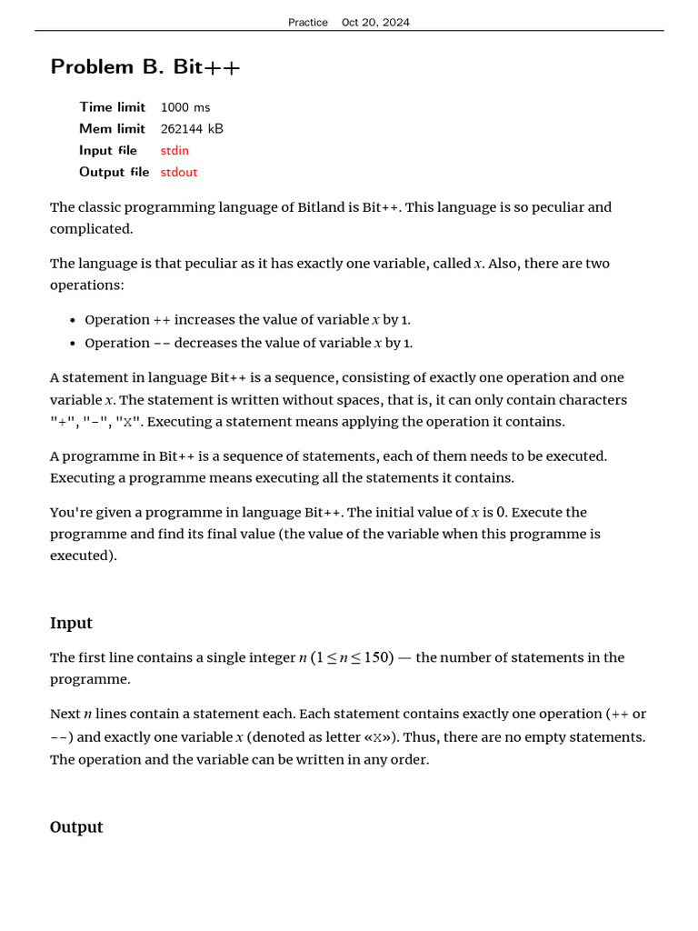 Problem B. Bit++: Stdin Stdout | PDF
