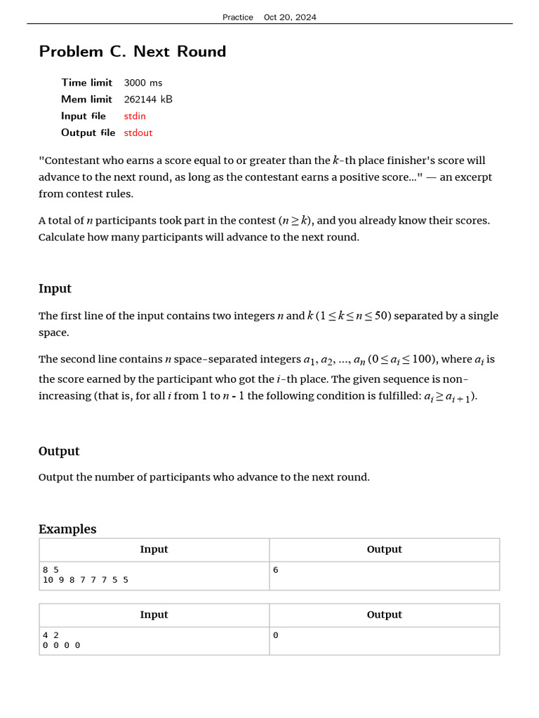 Problem C. Next Round: Stdin Stdout | PDF