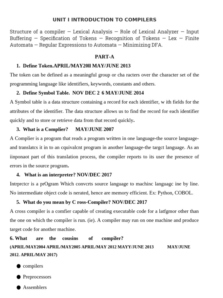 Unit - 1 University Questions | PDF | Regular Expression | Compiler