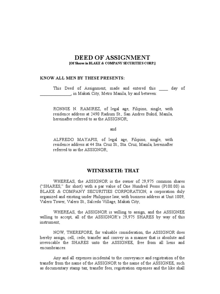 deed of assignment stock