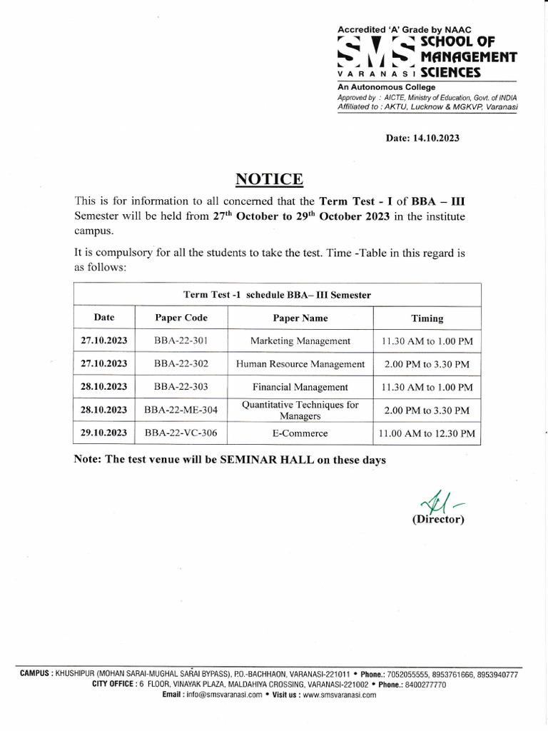 Notice - Term Test - I - Bba - Iii Sem | PDF