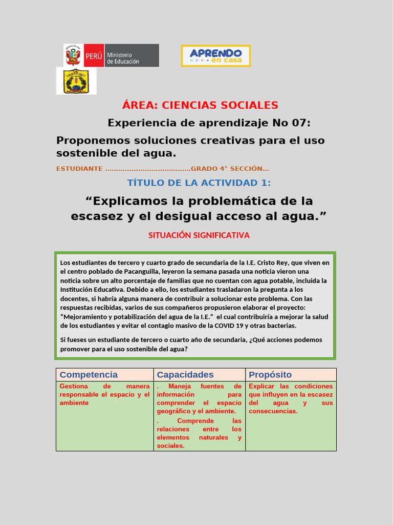 Actividad 1 Ciencias Sociales 4° 23 de Setiembre | PDF | Agua | Agua ...