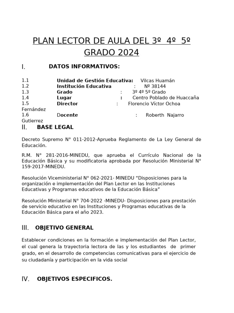Plan Lector 2024 para 3º, 4º y 5º Grado | PDF | Salón de clases ...