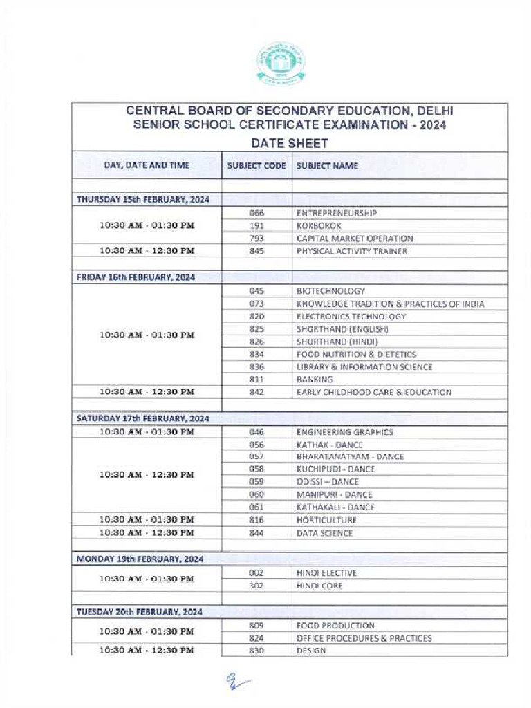 CBSE Class 12 Date Sheet 2024 - Compressed | PDF