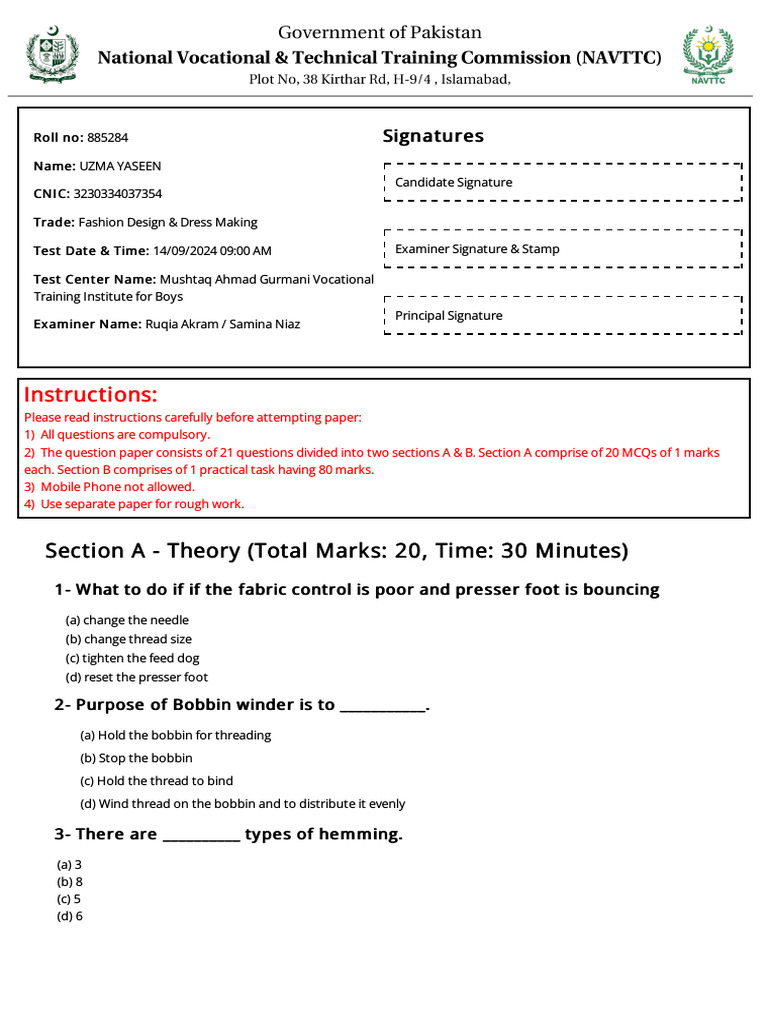 Fashion Design Exam Instructions | PDF | Seam (Sewing) | Sewing