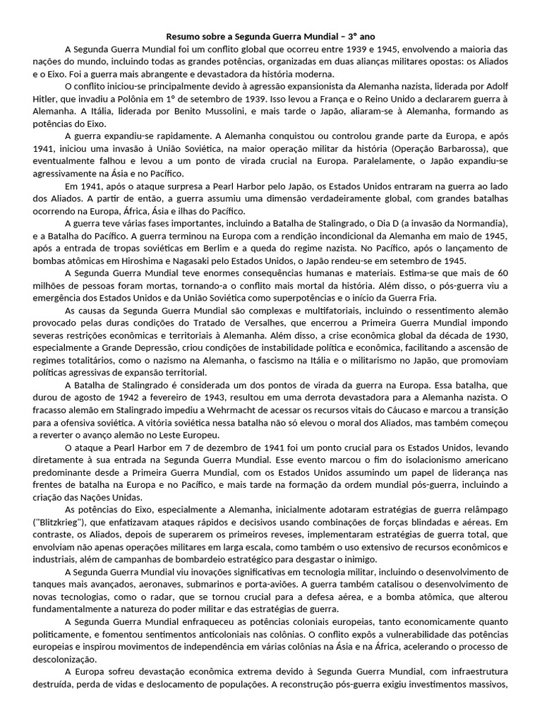 Resumo Sobre A Segunda Guerra Mundial 3 Ano | PDF | Segunda Guerra ...