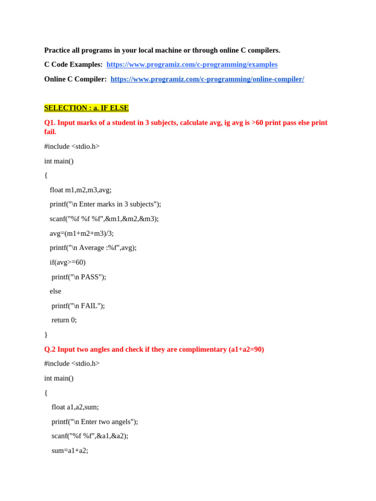 1.2 Programs in The Class Selection - If Else and Switch | PDF ...