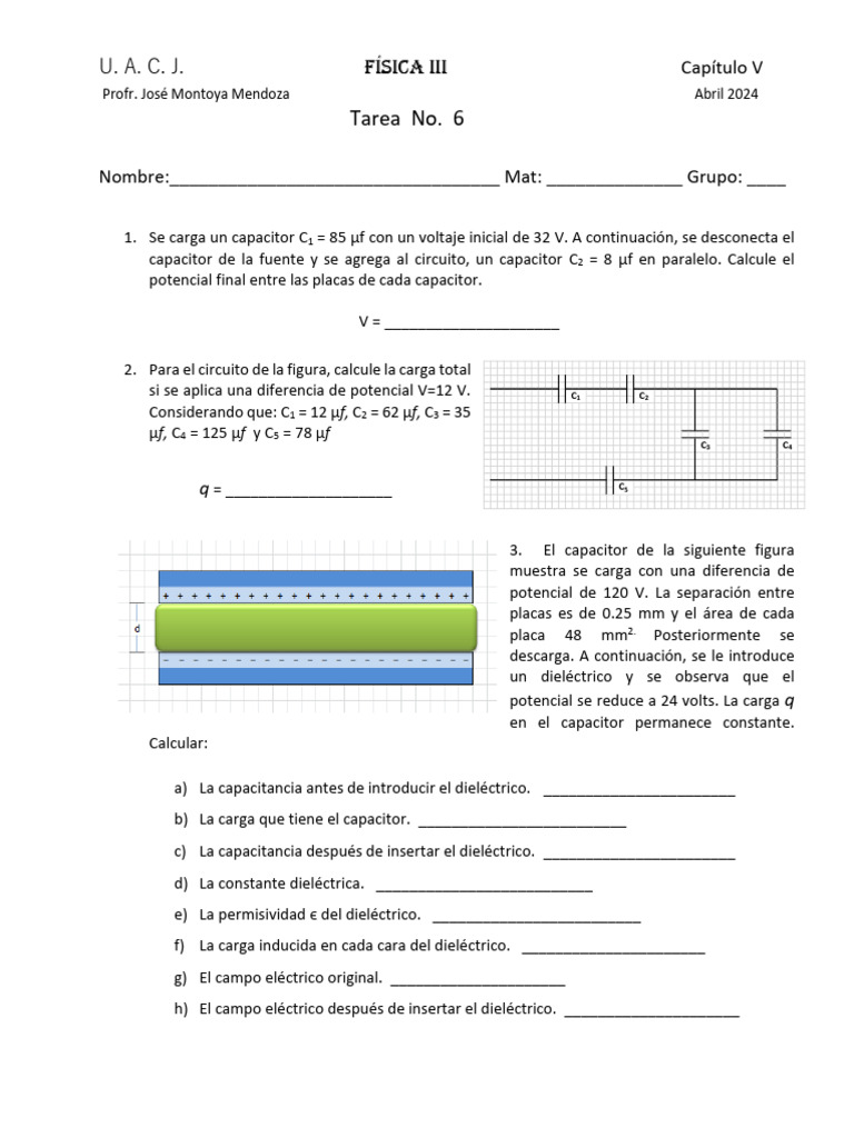 Tarea No. 06 Abr 2024 | PDF | Condensador | Capacidad