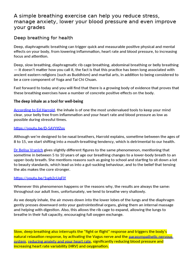 Deep Breathing For Health | PDF | Breathing | Lung