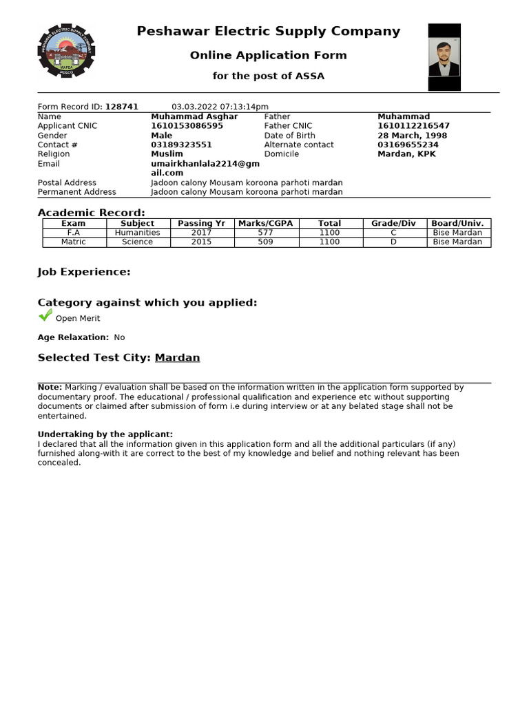 PESCO ASSA Online Application Form | PDF