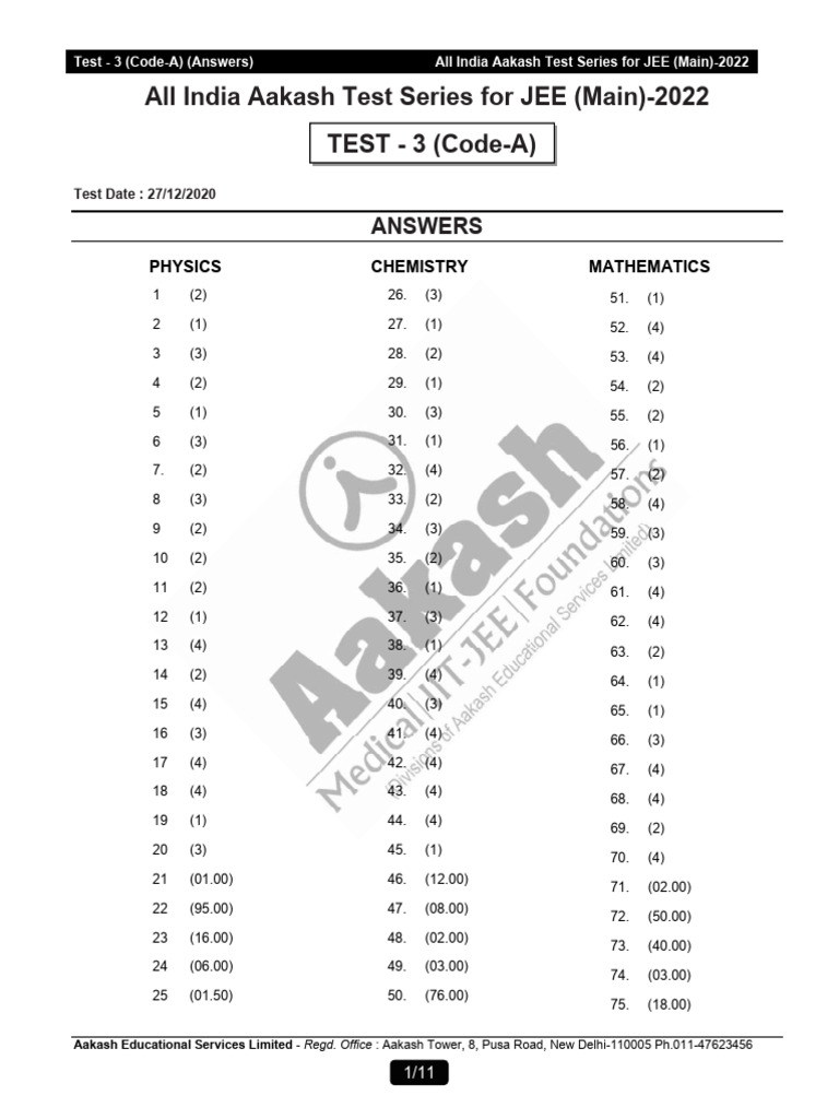 JEE Main 2022 Test 3 Code-A Answers | PDF | Ph | Physical Chemistry