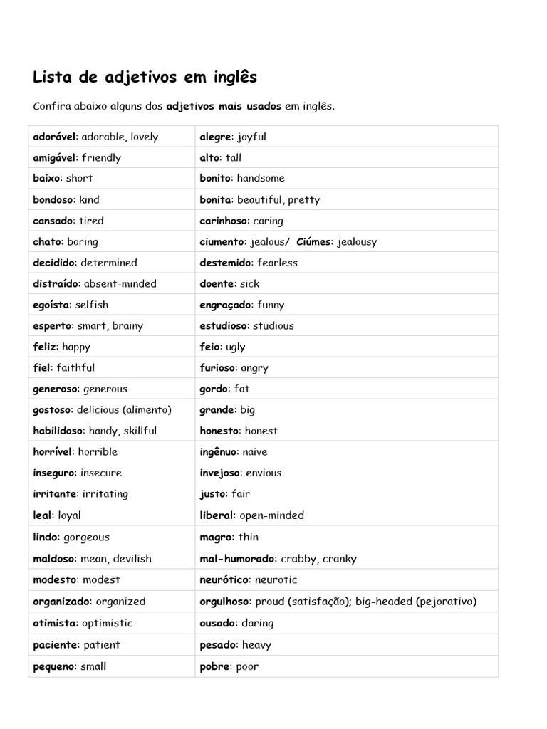 Lista de Adjetivos Comuns em Inglês | PDF | Gastronomia, comida e vinho ...