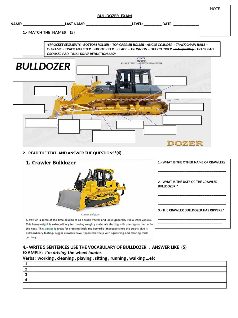 Bulldozer Vocabulary and Exam Guide | PDF