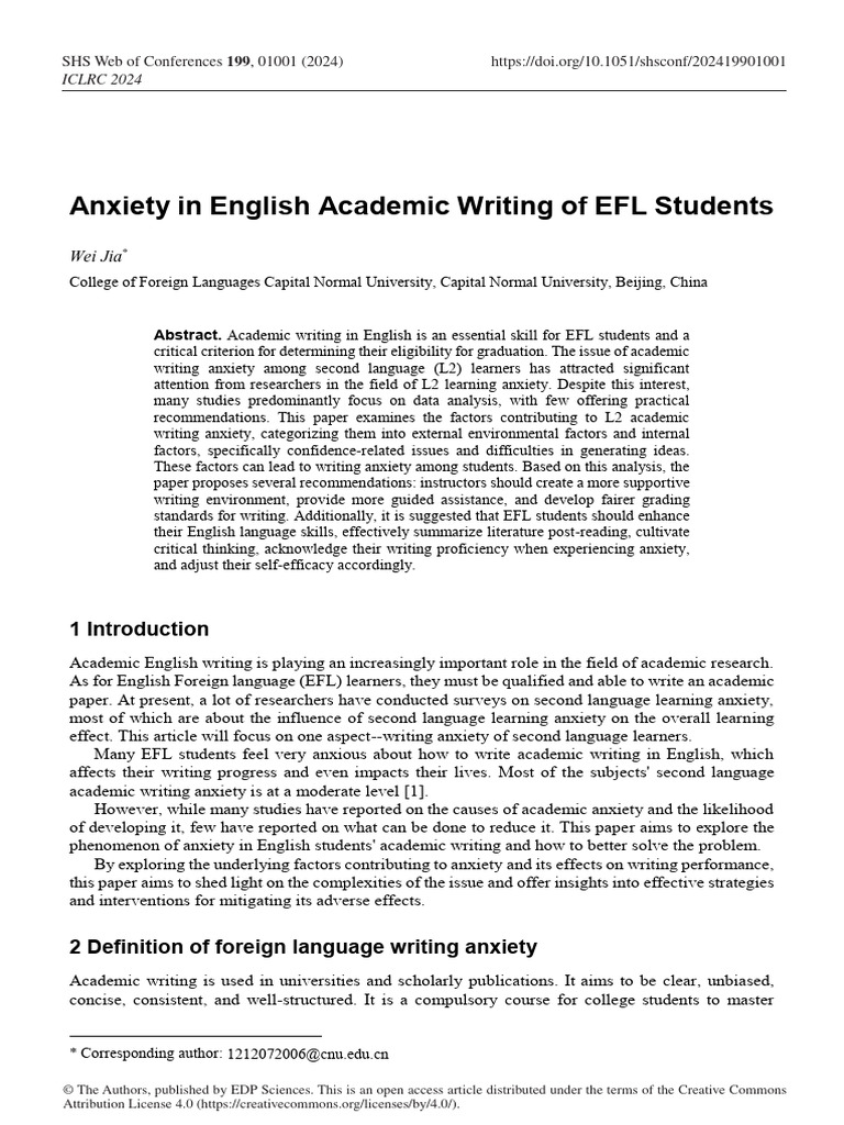 Anxiety in English Academic Writing of EFL Student | PDF | Self ...