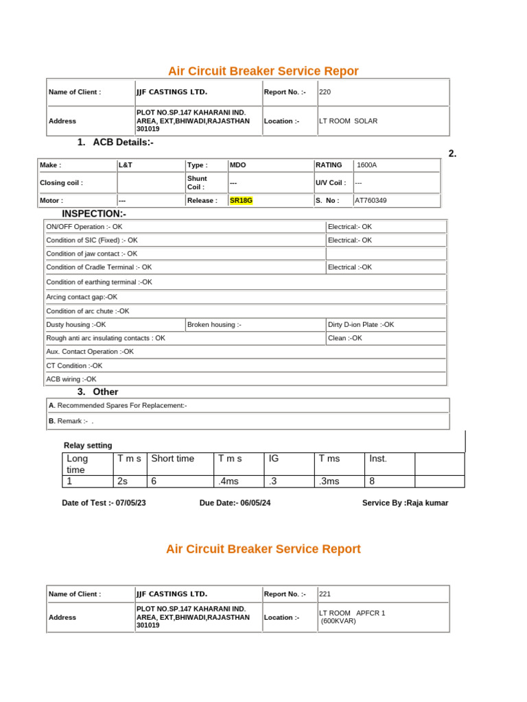 ACB Inspection and Service Report | PDF | Relay | Electromagnetism