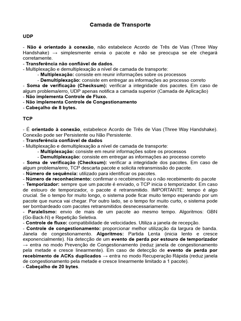 Comparativo entre UDP e TCP na Camada de Transporte | PDF | Protocolo ...