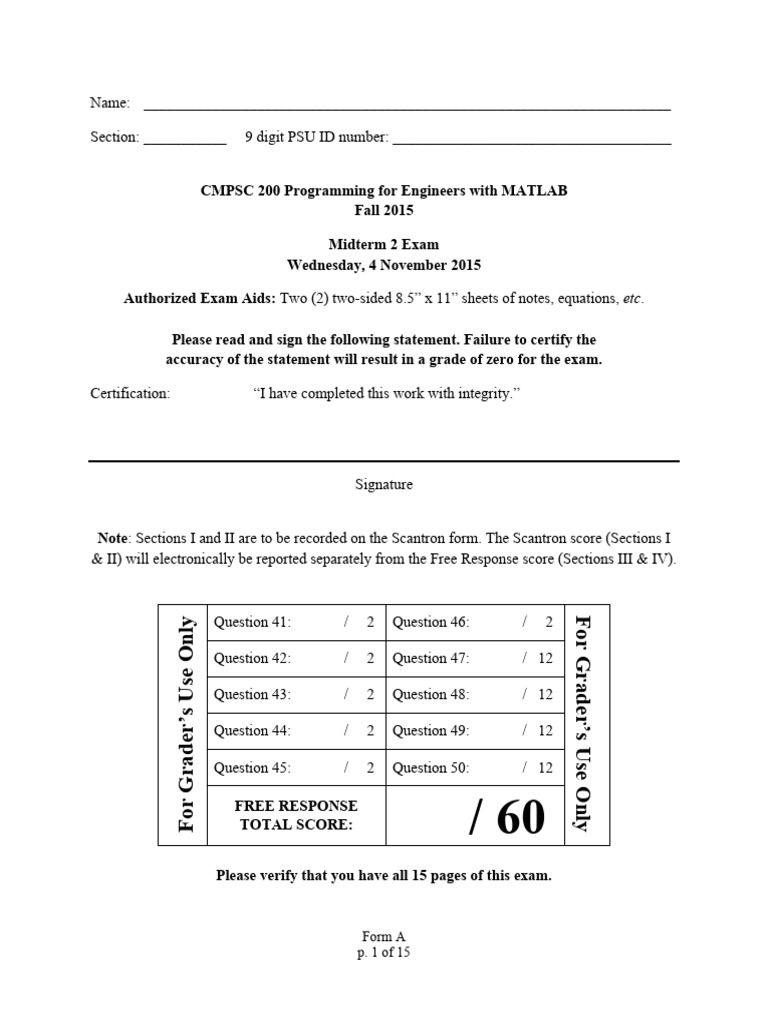 CMPSC+200+Midterm+2+Fall+2015 240624 150210 | PDF | Matrix (Mathematics ...
