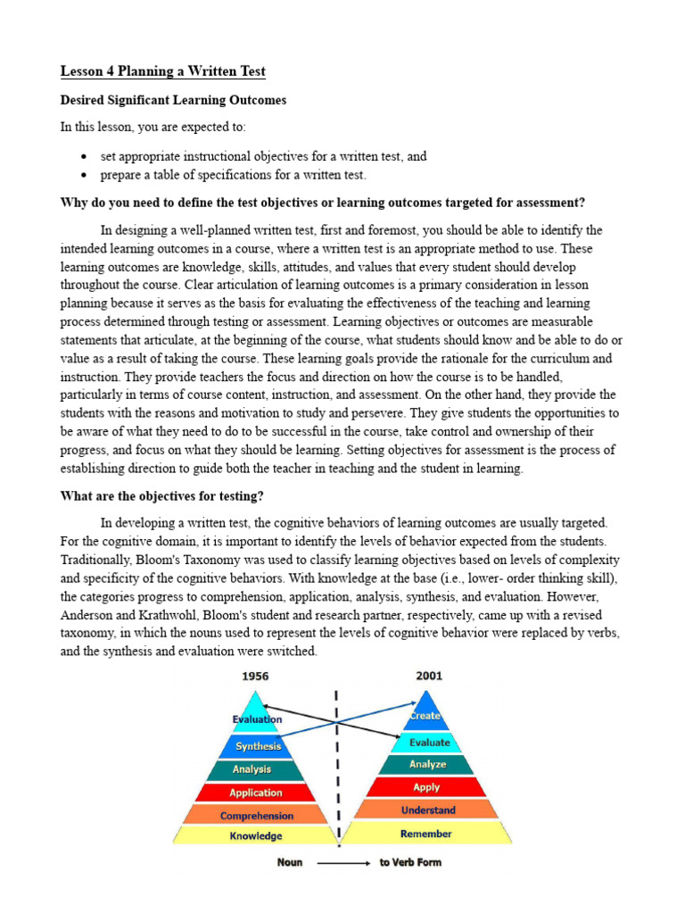 Lesson 4 Planning A Written Test Pdf Educational Assessment Learning