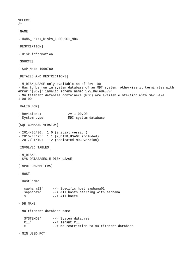 SAP HANA MDC Disk Usage SQL Query | PDF | Databases | File System