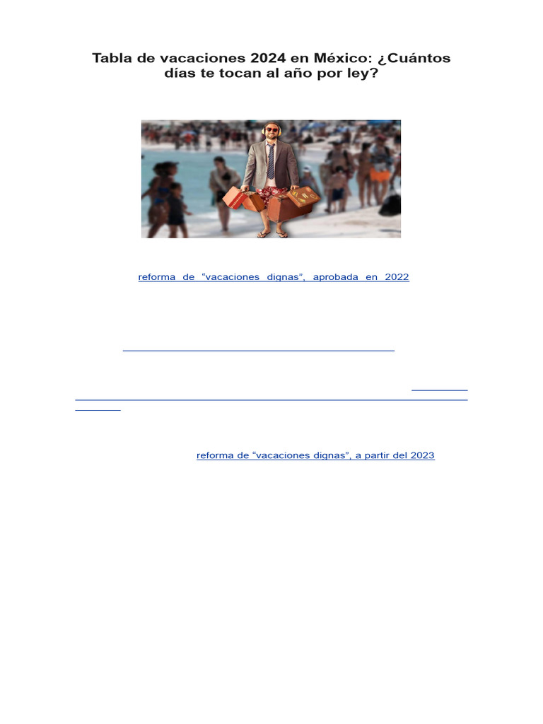 Tabla de vacaciones 2024 en México PDF México Gobierno